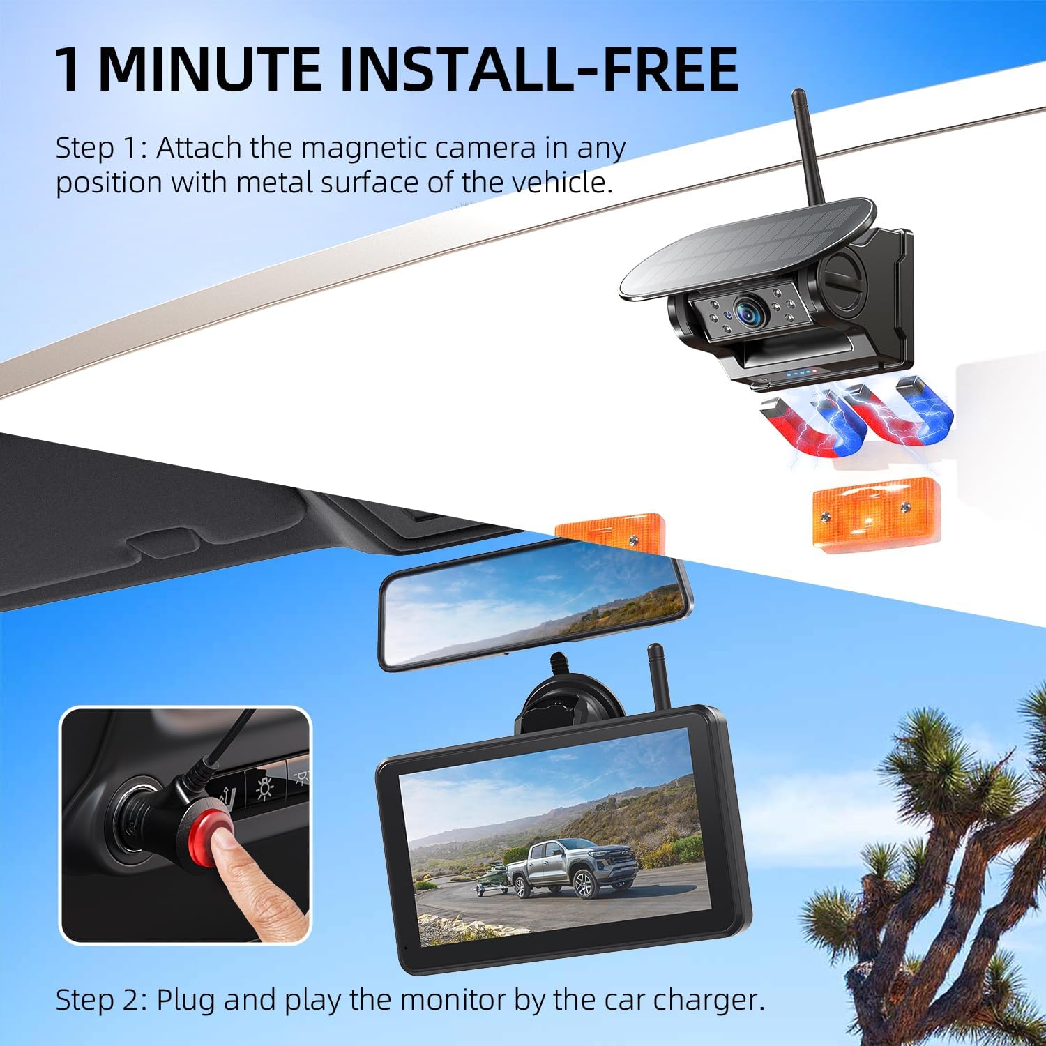 HD1080P 7”Dual Magnetic Solar Wireless Backup Cameras