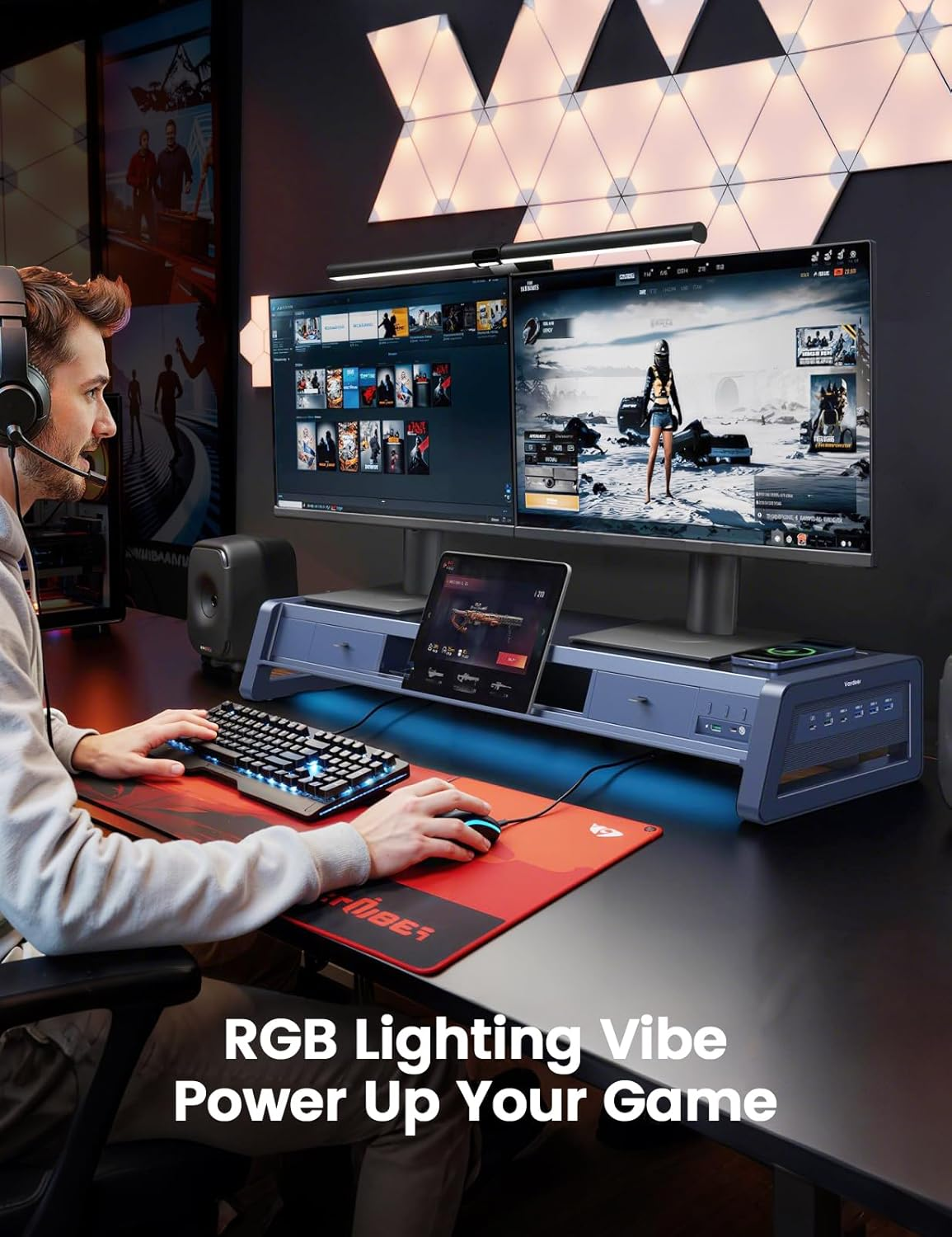 🎁 [Clearance Sale] Dual Monitor Stand Riser with 8 USB Ports & Wireless Charging Pad, All-in-One Computer Monitor Stand with 2 Storage Drawers & LED Backlight