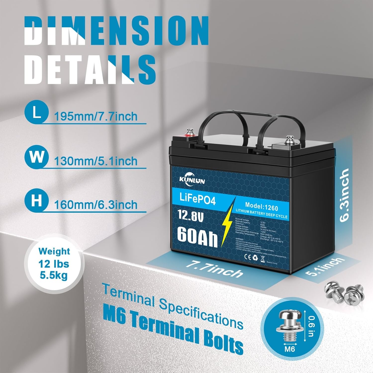 🔥 Last Day 49% OFF 🔥KUNLUN 60Ah 12V LiFePO4 Battery for Marine, Boat, Trolling Motors, Yacht, RV, Solar Off-Grid, Built-in 50A BMS Low-Temp Protection 12 Volt Deep Cycle Lithium Iron Battery with Mini Size