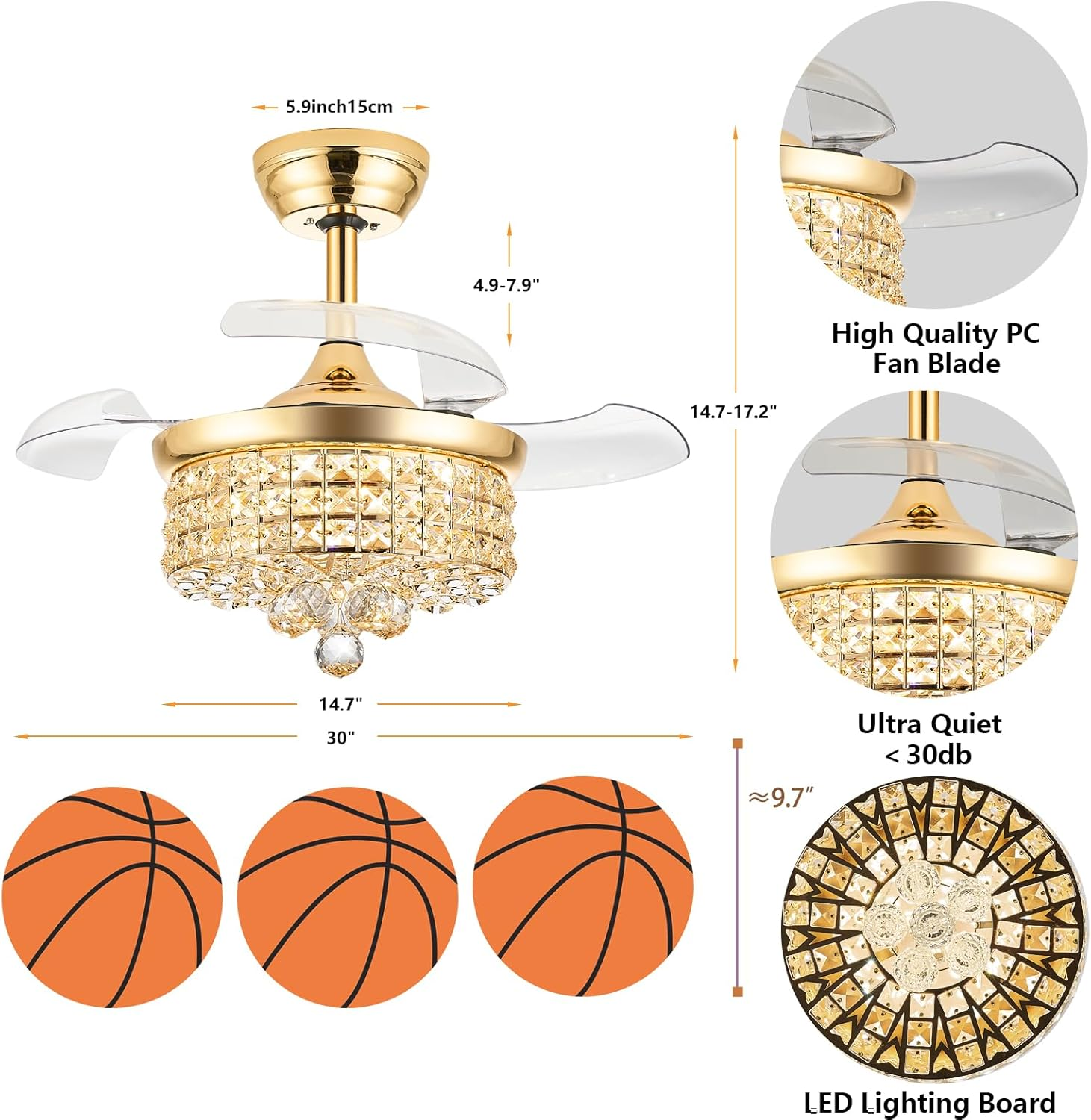 📲【Smart Memory Control】Retractable Crystal Ceiling Fan with Light, RGB Modern Fandelier 6 Speeds Reversible Blades Dimmable Chandelier with Remote APP Control