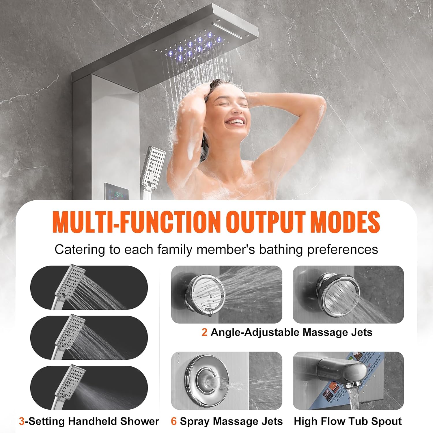 🔥Summer Sale🔥VEVOR Shower Panel, 6 Shower Modes, LED & Screen Hydroelectricity Shower Tower Panel System