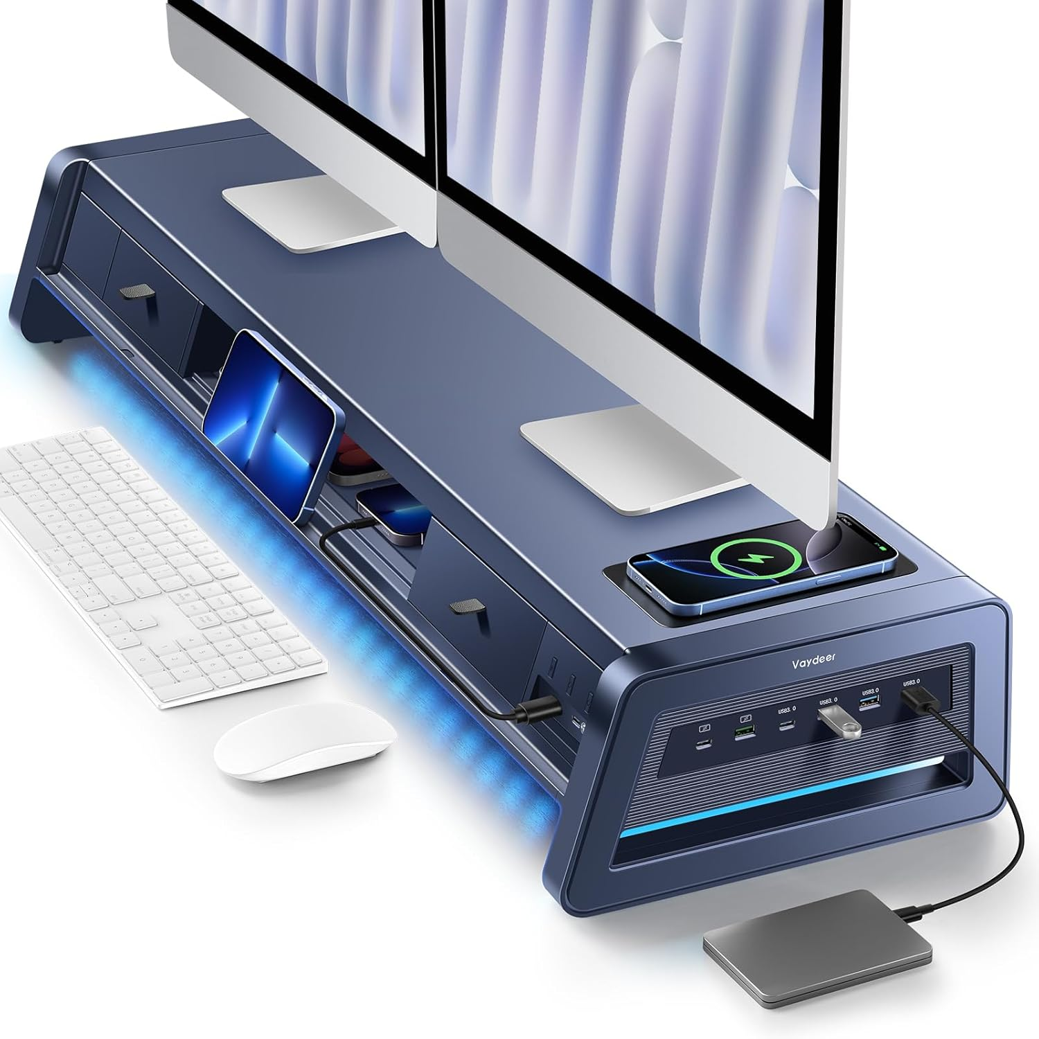🎁 [Clearance Sale] Dual Monitor Stand Riser with 8 USB Ports & Wireless Charging Pad, All-in-One Computer Monitor Stand with 2 Storage Drawers & LED Backlight
