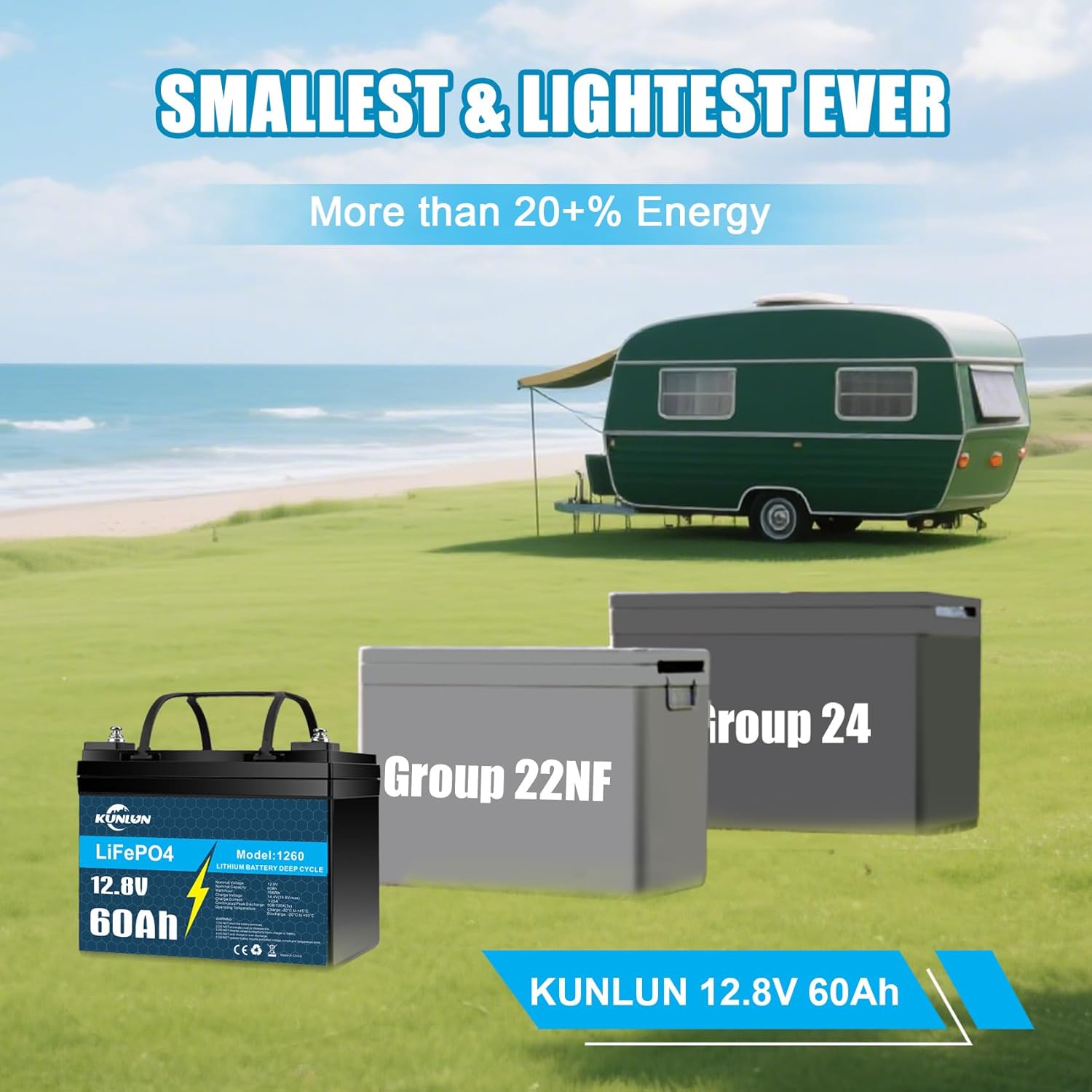 🔥 Last Day 49% OFF 🔥KUNLUN 60Ah 12V LiFePO4 Battery for Marine, Boat, Trolling Motors, Yacht, RV, Solar Off-Grid, Built-in 50A BMS Low-Temp Protection 12 Volt Deep Cycle Lithium Iron Battery with Mini Size