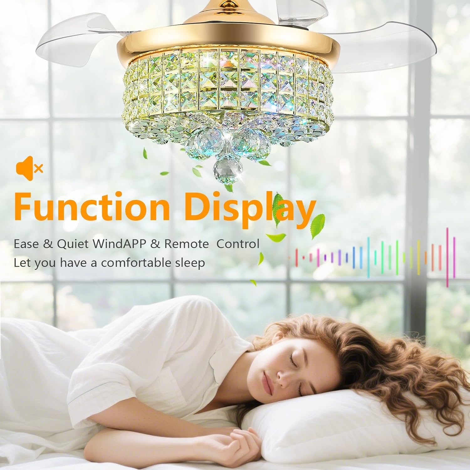 📲【Smart Memory Control】Retractable Crystal Ceiling Fan with Light, RGB Modern Fandelier 6 Speeds Reversible Blades Dimmable Chandelier with Remote APP Control