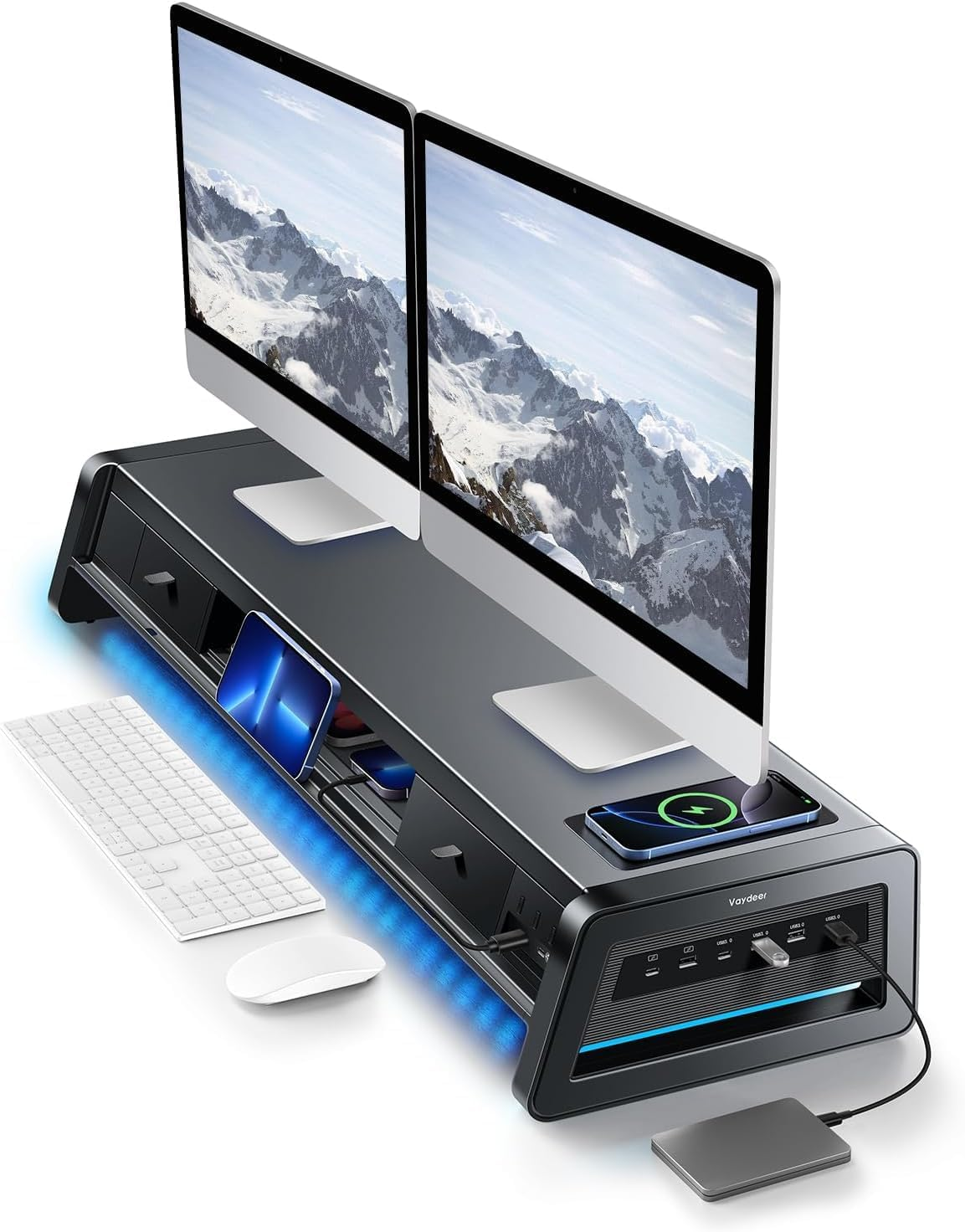 🎁 [Clearance Sale] Dual Monitor Stand Riser with 8 USB Ports & Wireless Charging Pad, All-in-One Computer Monitor Stand with 2 Storage Drawers & LED Backlight