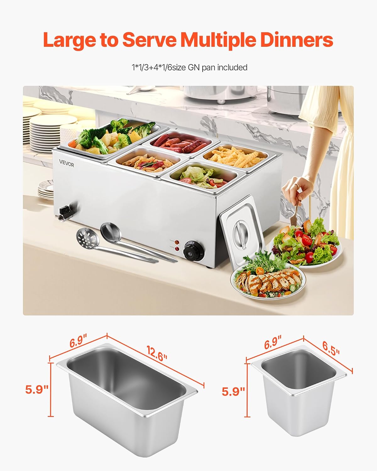 💥Special Offers⚡Commercial Food Warmer — 1500W Stainless Steel Steam Table with Lid 🍲
