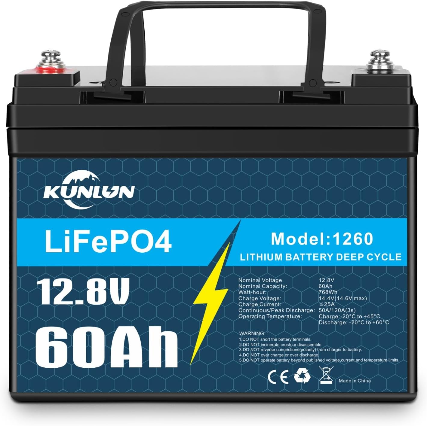 🔥 Last Day 49% OFF 🔥KUNLUN 60Ah 12V LiFePO4 Battery for Marine, Boat, Trolling Motors, Yacht, RV, Solar Off-Grid, Built-in 50A BMS Low-Temp Protection 12 Volt Deep Cycle Lithium Iron Battery with Mini Size