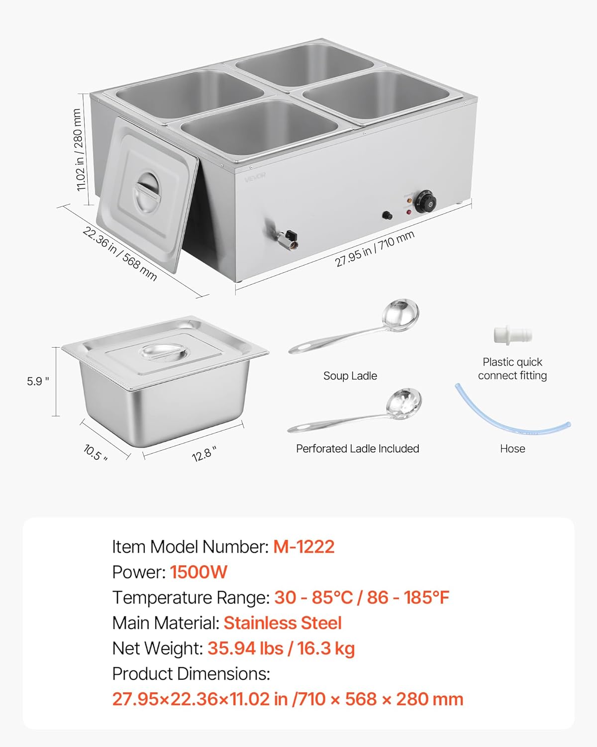 1500W Electric Stainless Steel Steam Food Warmer with Lid