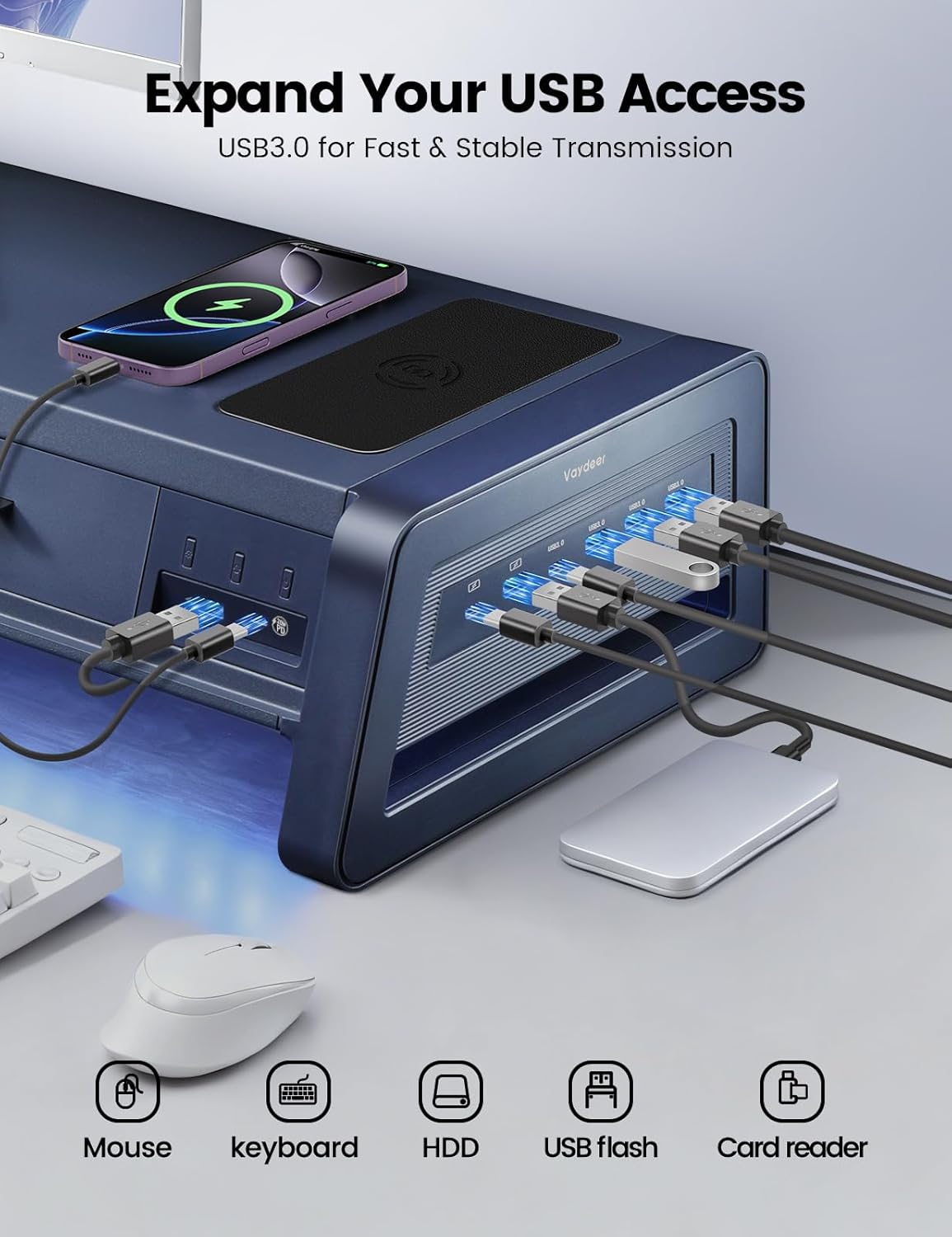 🎁 [Clearance Sale] Dual Monitor Stand Riser with 8 USB Ports & Wireless Charging Pad, All-in-One Computer Monitor Stand with 2 Storage Drawers & LED Backlight