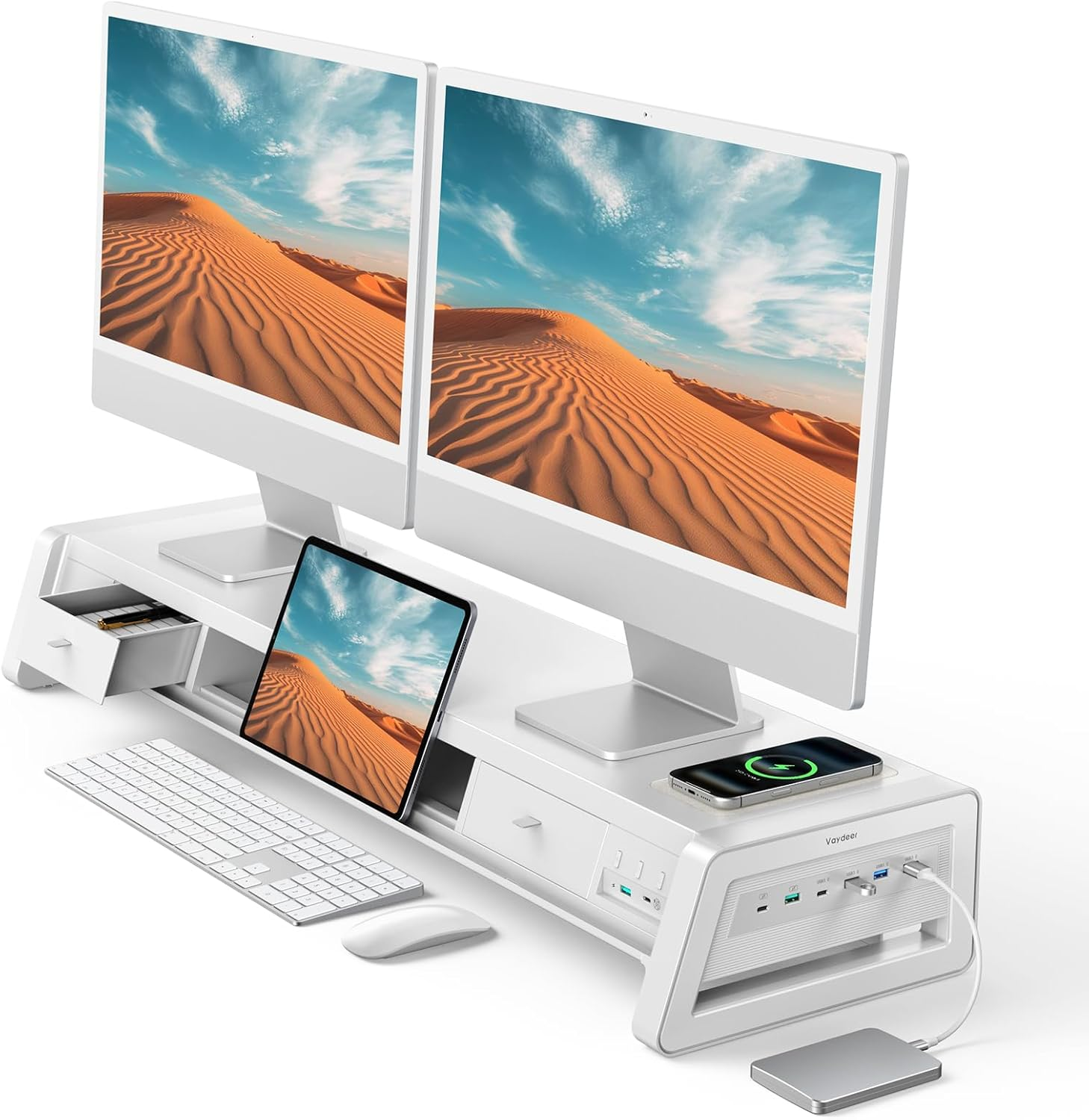 🎁 [Clearance Sale] Dual Monitor Stand Riser with 8 USB Ports & Wireless Charging Pad, All-in-One Computer Monitor Stand with 2 Storage Drawers & LED Backlight