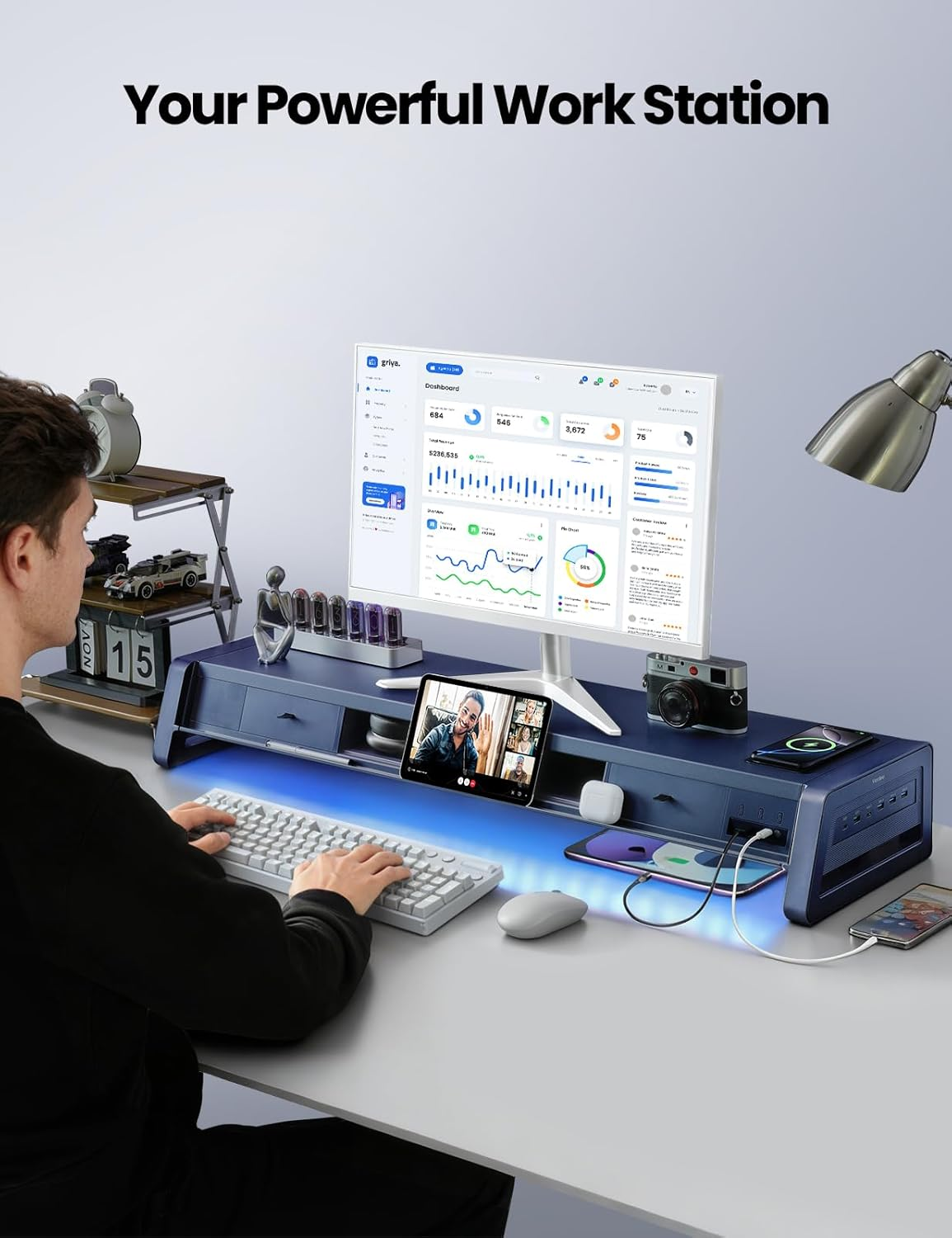 🎁 [Clearance Sale] Dual Monitor Stand Riser with 8 USB Ports & Wireless Charging Pad, All-in-One Computer Monitor Stand with 2 Storage Drawers & LED Backlight