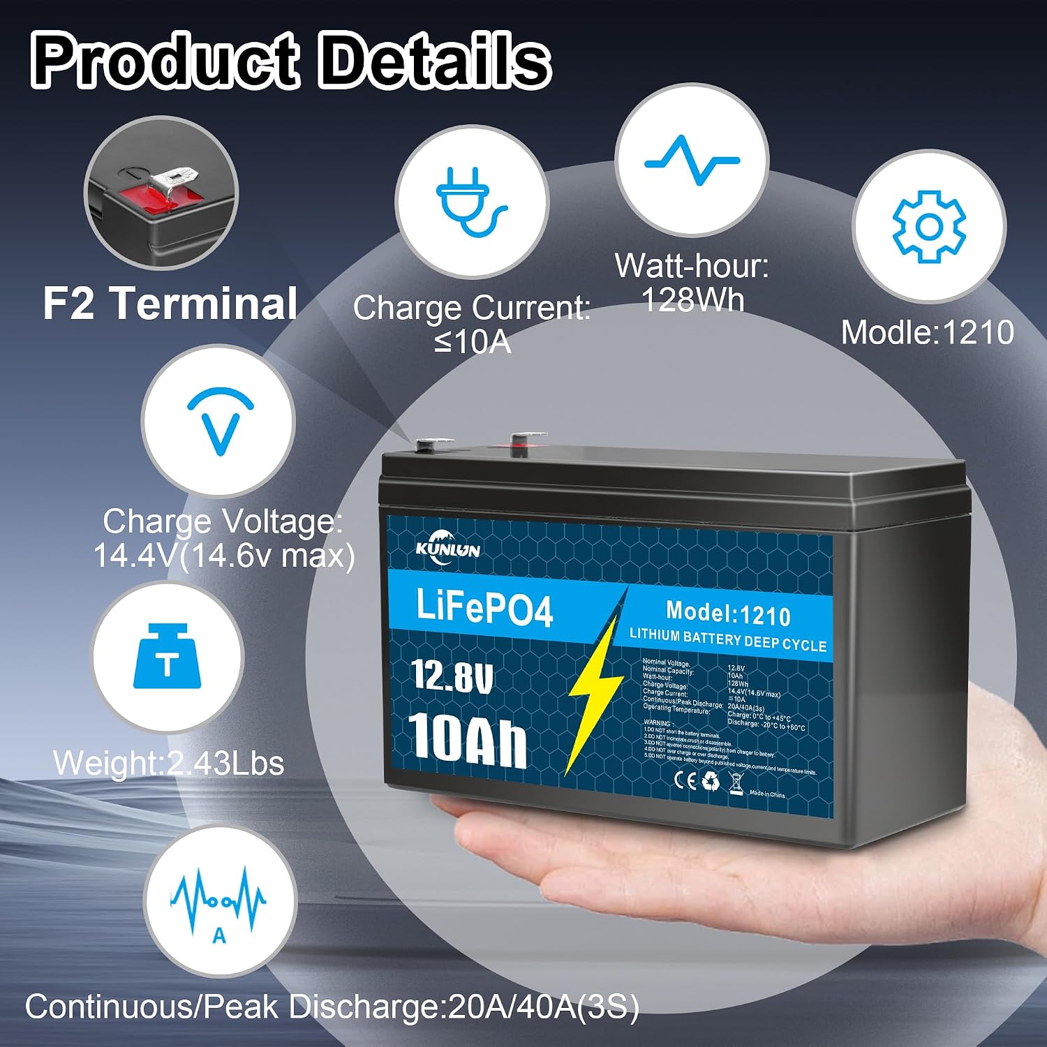 🔥Last Day 49% OFF🔥KUNLUN 12V 10Ah LiFePO4 Lithium Battery, for Ride-on Toy, Fish Finder | Smaller, Only 2.43 lbs, 5000+ Deep Cycles, Built-in 10A BMS, Supports 4P or 4S, Perfect Replacement for Lead-acid Battery