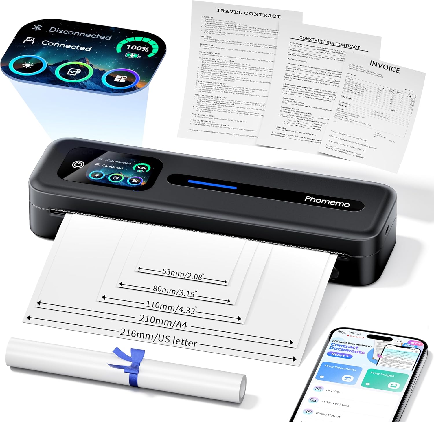 Phomemo Upgraded Portable Printer with Touchscreen, M832D Bluetooth Wireless Thermal Inkless Printer, Supports 8.5"x11" US Letter & A4, Compatible with iOS, Android, PC for Travel