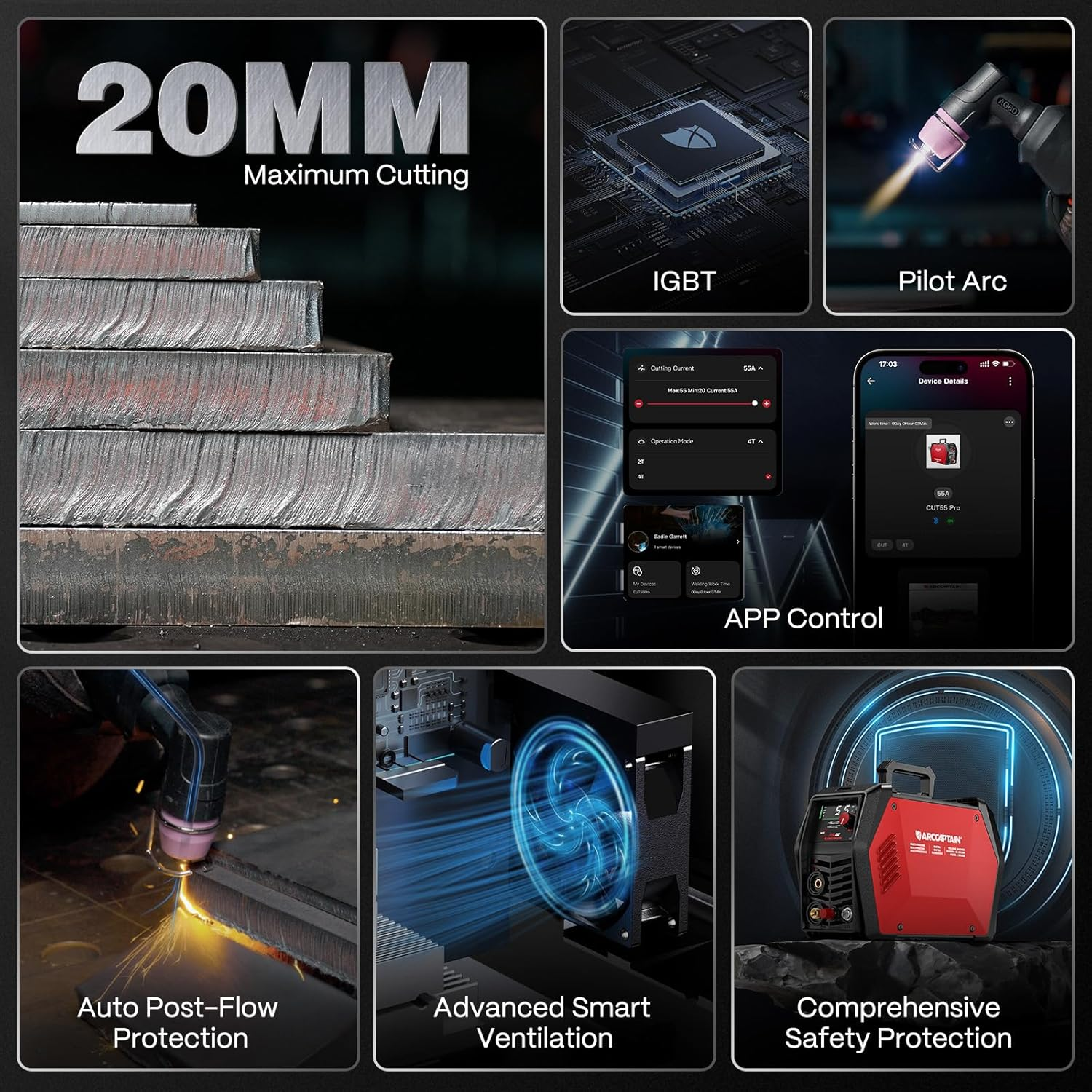 🔥【Best Seller】ARCCAPTAIN iControl CUT55 Pro Plasma Cutter Machine, 55 Amp Non-Touch Pilot Arc 120V/240V, Smart APP & LED Display