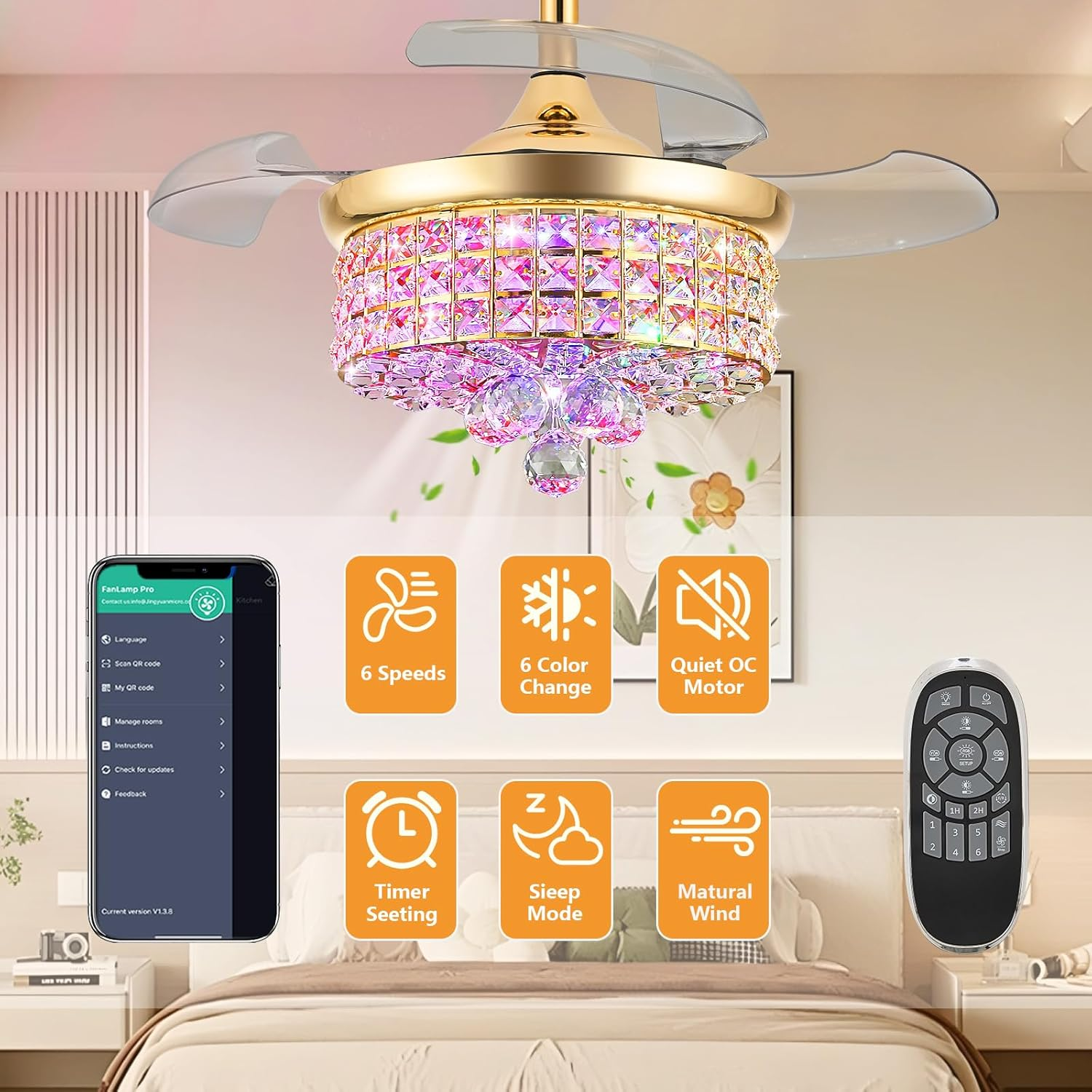 📲【Smart Memory Control】Retractable Crystal Ceiling Fan with Light, RGB Modern Fandelier 6 Speeds Reversible Blades Dimmable Chandelier with Remote APP Control