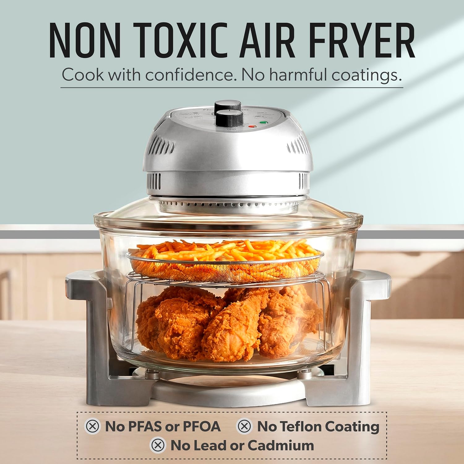 🔥Last Day 49% OFF🔥🍟Granitestone 16QT Large Glass Air Fryer Oven – Non-Toxic, 3 Cooking Zones, Self-Cleaning