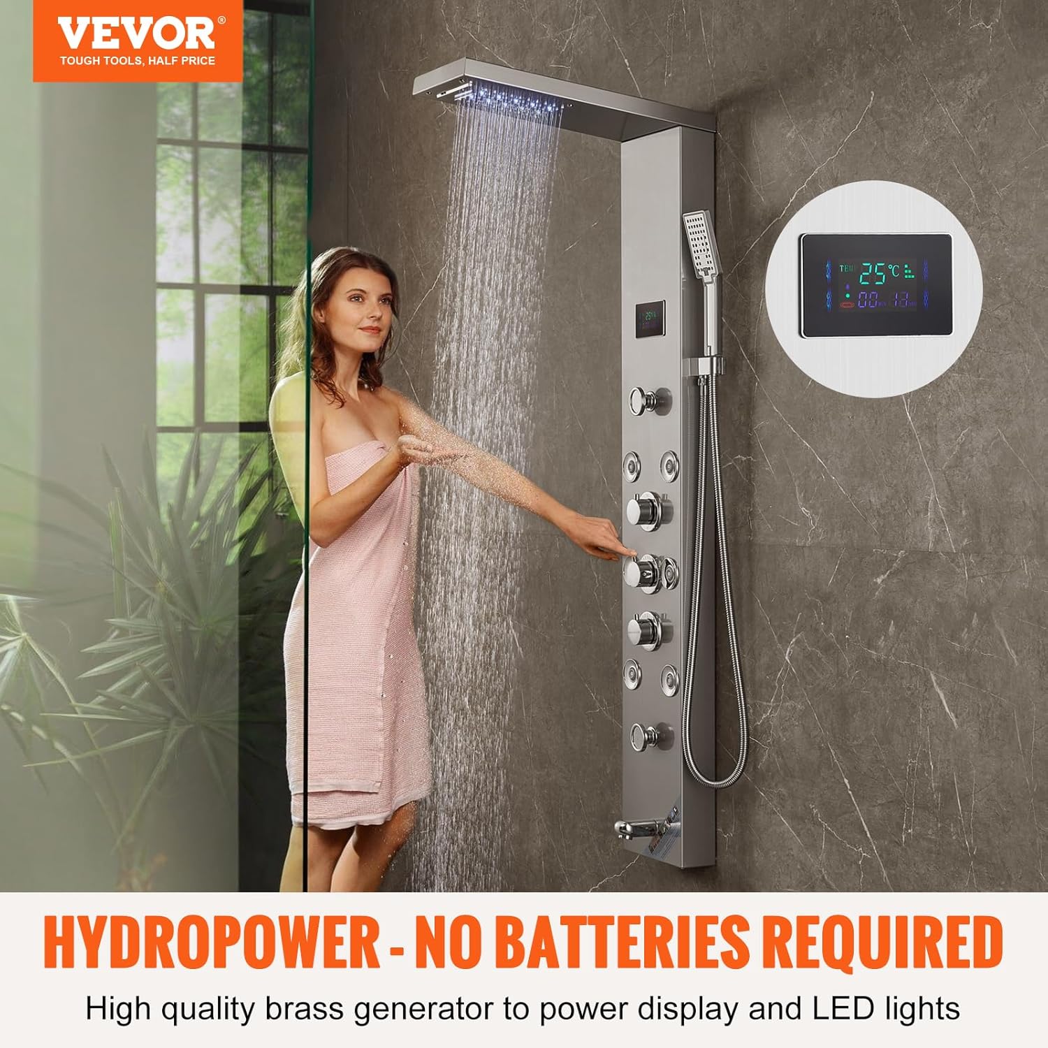 🔥Summer Sale🔥VEVOR Shower Panel, 6 Shower Modes, LED & Screen Hydroelectricity Shower Tower Panel System