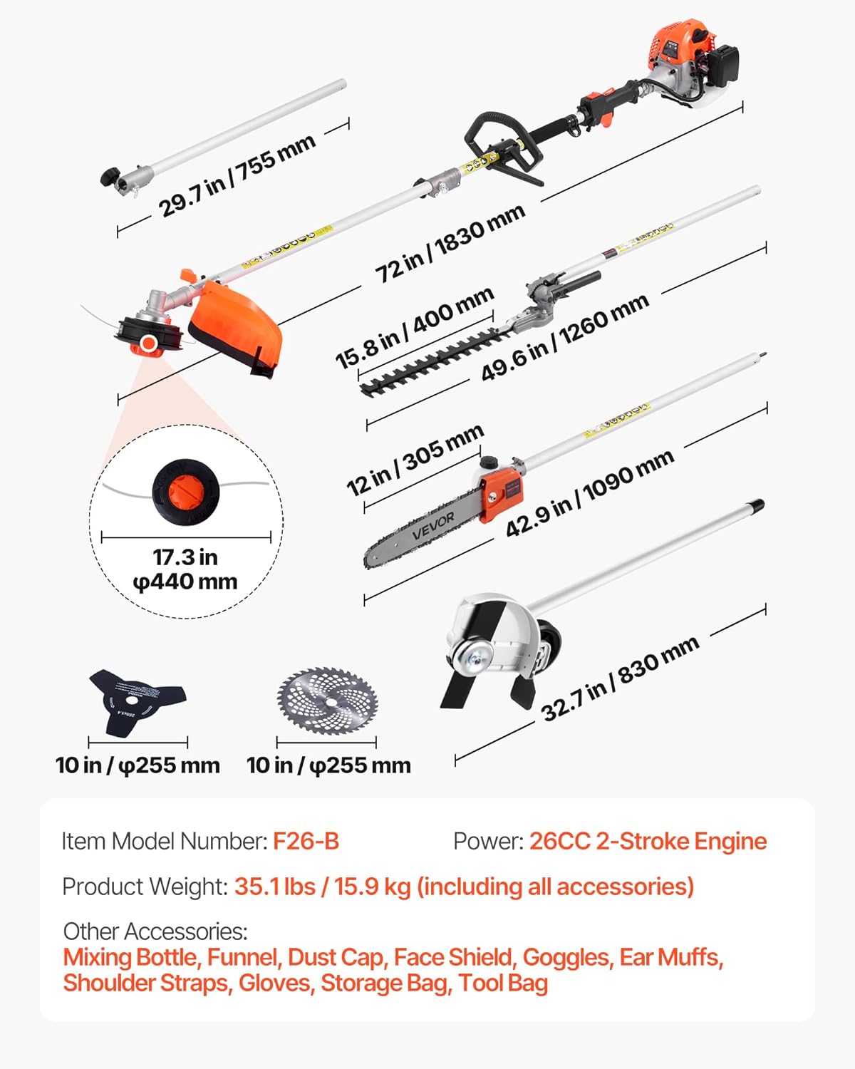 VEVOR 6-in-1 Multi-Functional Trimming Tools with Gas Hedge Trimmer, Summervibes,Summervibes, Weed Eater, String Trimmer, Brush Cutter, Edger & Pole Saw Chainsaw Pruner Whacker Shoulder
