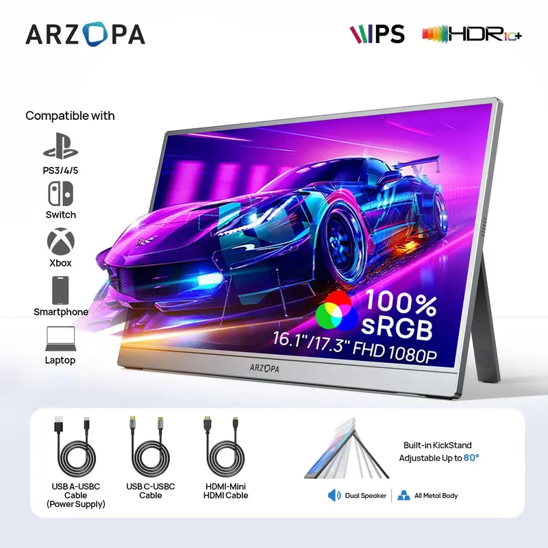 🔥PRICE DROP💻ARZOPA Z1FC 16.1" 144Hz Portable Gaming Monitor, FHD 1080P IPS External Display with Triple-Cable Setup (USB-C & Mini HDMI) for PC, Mac, PS5, Switch🎮