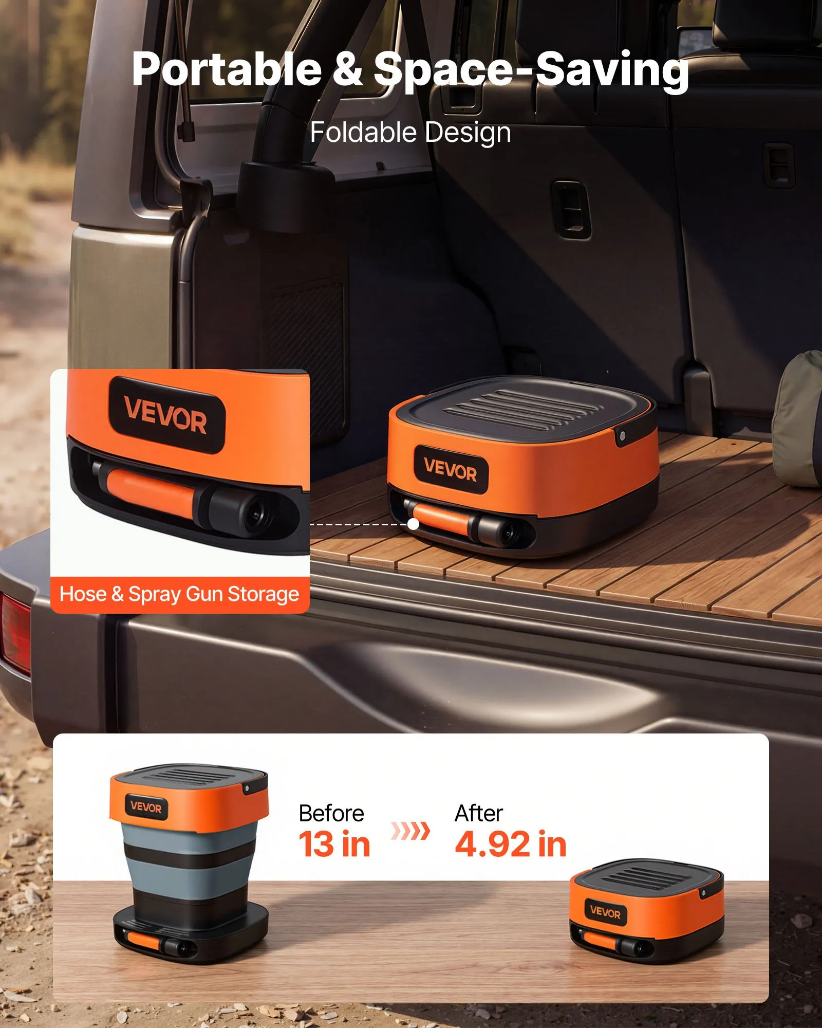 VEVOR Portable Cordless Pressure Washer with 2.64 Gal Tank, Foldable Power Washer 109 Max PSI, 3 Nozzles, Magnetic Sponge Brush & Soft Bristle Brush,78.7 in Hose, for Bike Cleaning, Patio, Camping