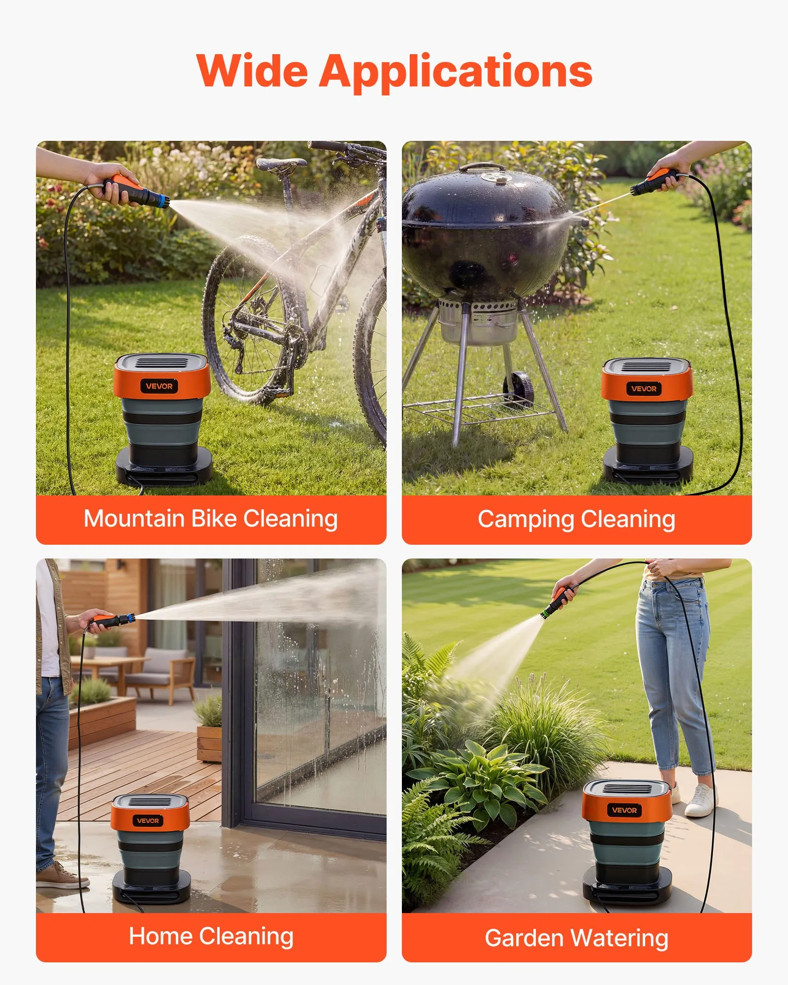 VEVOR Portable Cordless Pressure Washer with 2.64 Gal Tank, Foldable Power Washer 109 Max PSI, 3 Nozzles, Magnetic Sponge Brush & Soft Bristle Brush,78.7 in Hose, for Bike Cleaning, Patio, Camping
