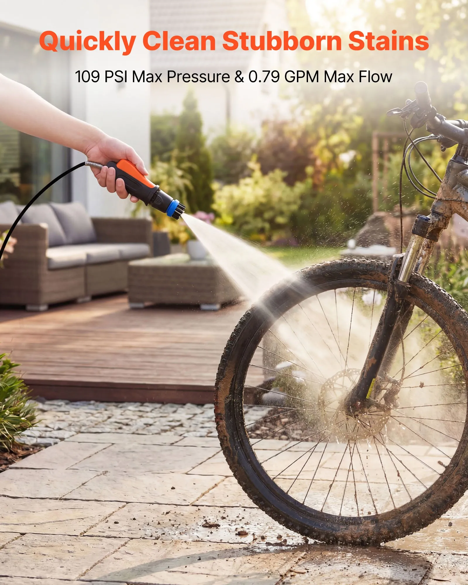 VEVOR Portable Cordless Pressure Washer with 2.64 Gal Tank, Foldable Power Washer 109 Max PSI, 3 Nozzles, Magnetic Sponge Brush & Soft Bristle Brush,78.7 in Hose, for Bike Cleaning, Patio, Camping