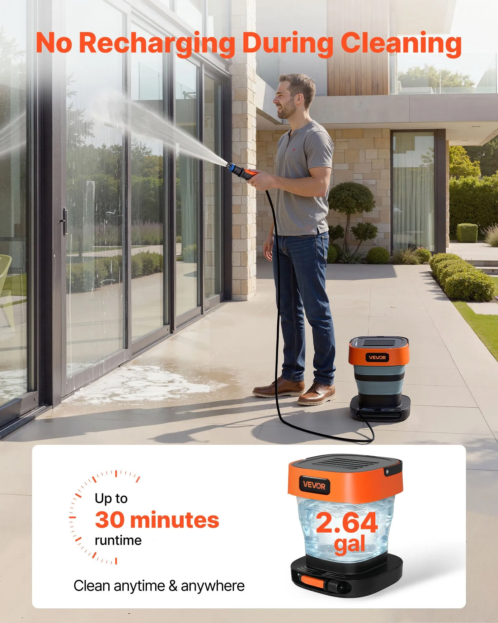 VEVOR Portable Cordless Pressure Washer with 2.64 Gal Tank, Foldable Power Washer 109 Max PSI, 3 Nozzles, Magnetic Sponge Brush & Soft Bristle Brush,78.7 in Hose, for Bike Cleaning, Patio, Camping
