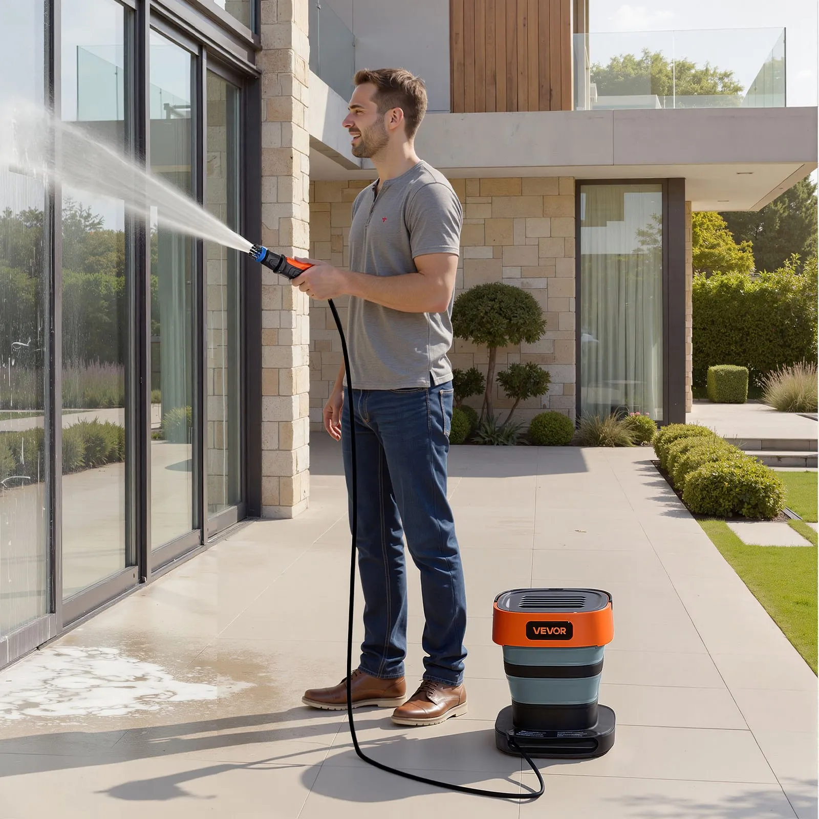 VEVOR Portable Cordless Pressure Washer with 2.64 Gal Tank, Foldable Power Washer 109 Max PSI, 3 Nozzles, Magnetic Sponge Brush & Soft Bristle Brush,78.7 in Hose, for Bike Cleaning, Patio, Camping