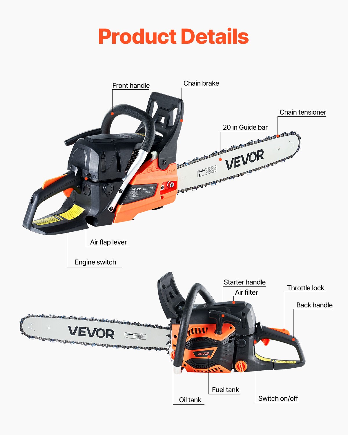 🔥Last Day 49% OFF🔥VEVOR 62 cc Gas Chainsaw, 20 inch Gas Powered Chainsaw, 3.8 HP Power Chain Saw with Non-Slip Handle, Gas-Powered Chainsaws with Dual Fuel Tanks, For Wood Cutting, Tree Trimming, and Land Clearing
