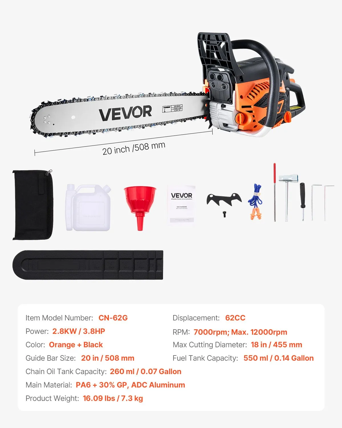 🔥Last Day 49% OFF🔥VEVOR 62 cc Gas Chainsaw, 20 inch Gas Powered Chainsaw, 3.8 HP Power Chain Saw with Non-Slip Handle, Gas-Powered Chainsaws with Dual Fuel Tanks, For Wood Cutting, Tree Trimming, and Land Clearing