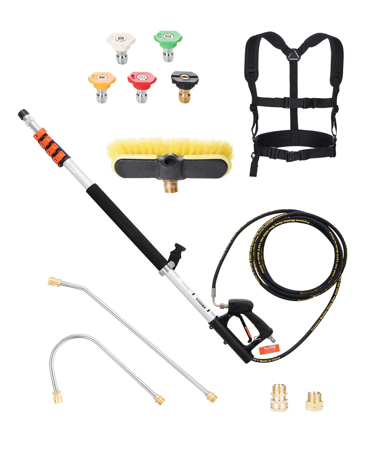 VEVOR Pressure Washer Telescoping Wand, 24 ft, 4000 psi, Telescopic Spray Wand with Power Washer Extension Wands, Gutter Cleaner, Brush Head, Pivoting Coupler, 7 Spray Nozzles and Support Harness
