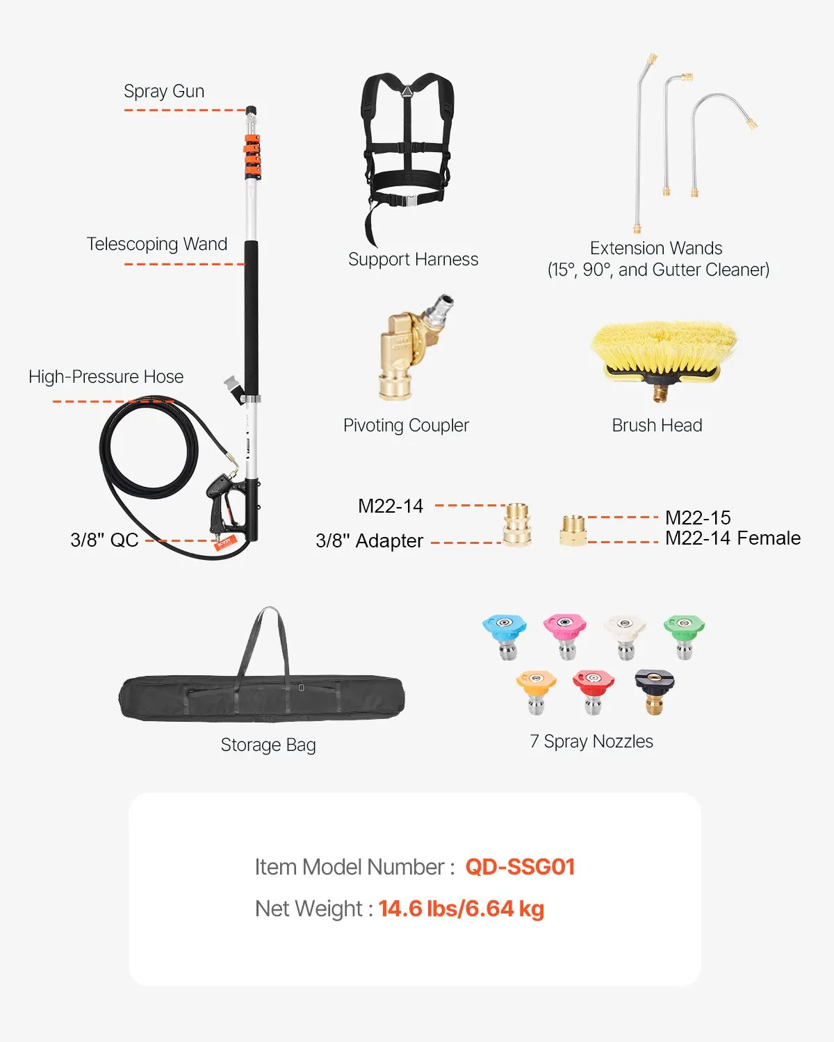 VEVOR Pressure Washer Telescoping Wand, 24 ft, 4000 psi, Telescopic Spray Wand with Power Washer Extension Wands, Gutter Cleaner, Brush Head, Pivoting Coupler, 7 Spray Nozzles and Support Harness