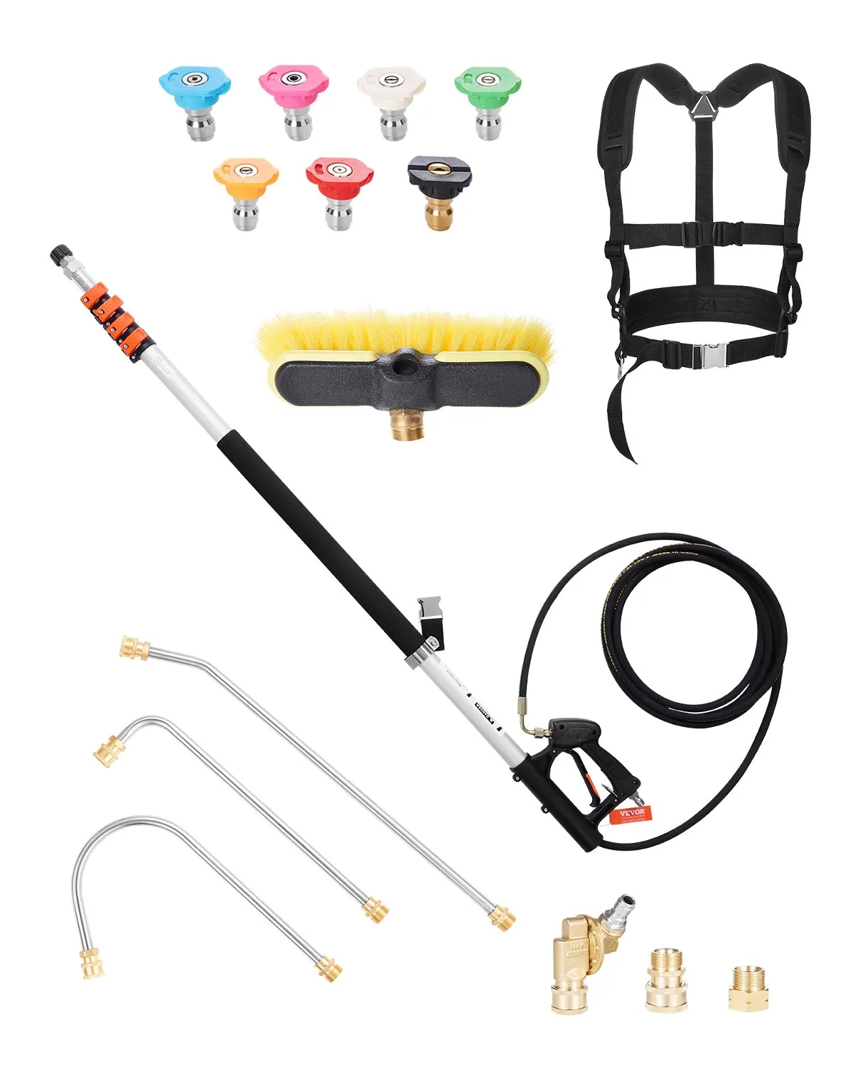 VEVOR Pressure Washer Telescoping Wand, 24 ft, 4000 psi, Telescopic Spray Wand with Power Washer Extension Wands, Gutter Cleaner, Brush Head, Pivoting Coupler, 7 Spray Nozzles and Support Harness