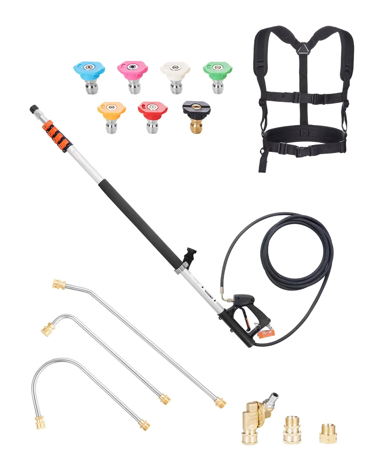 VEVOR Pressure Washer Telescoping Wand, 24 ft, 4000 psi, Telescopic Spray Wand with Power Washer Extension Wands, Gutter Cleaner, Brush Head, Pivoting Coupler, 7 Spray Nozzles and Support Harness