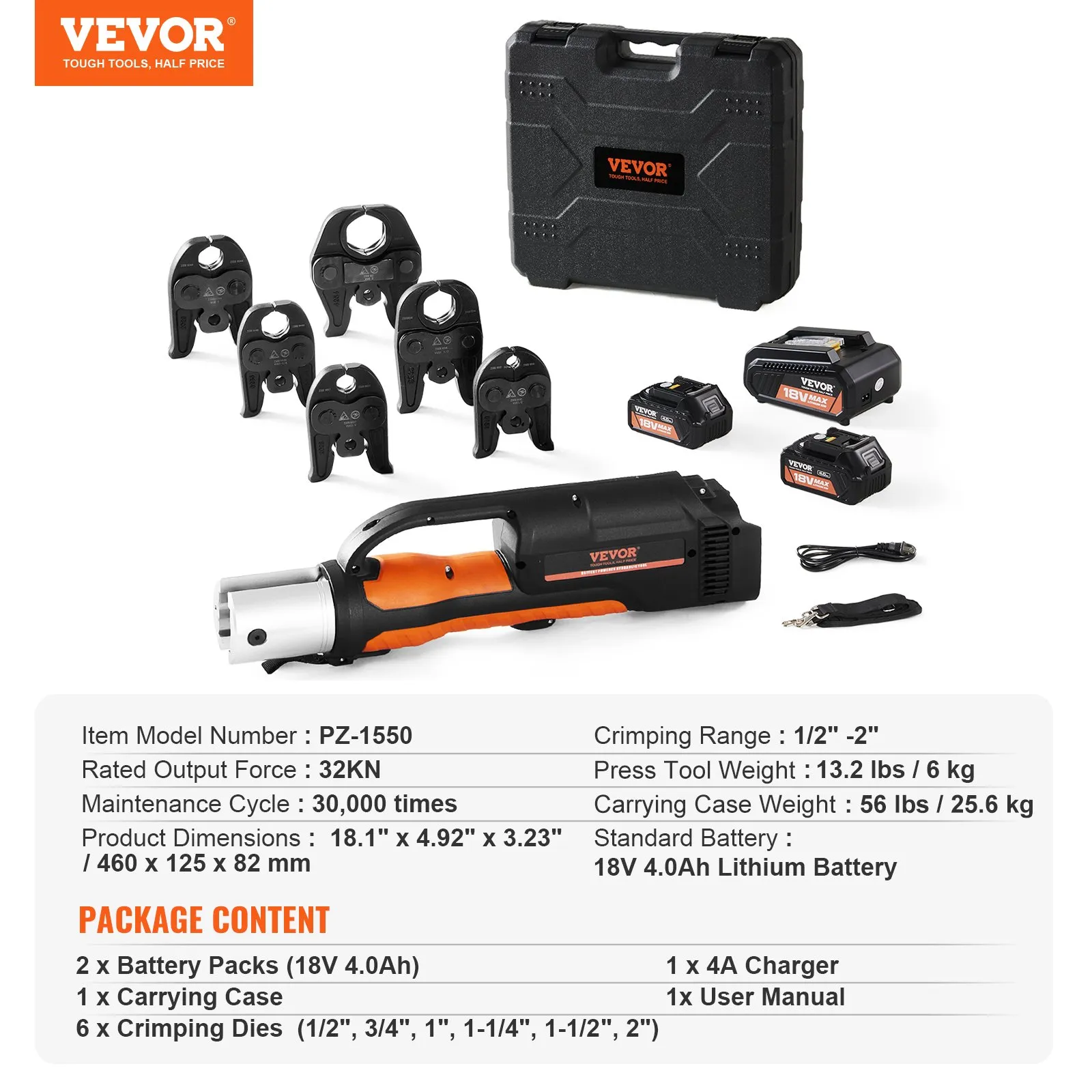 VEVOR 18V Electric Pipe Press Tool Kit, 32KN ProPress Compatible Crimping Tool with 6 Jaws, 2×4Ah Batteries & Fast Charger