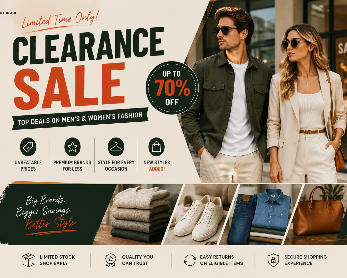 Auraatel clearance sale banner featuring men's and women's fashion clothing, seasonal styles, and up to 70% off fashion deals