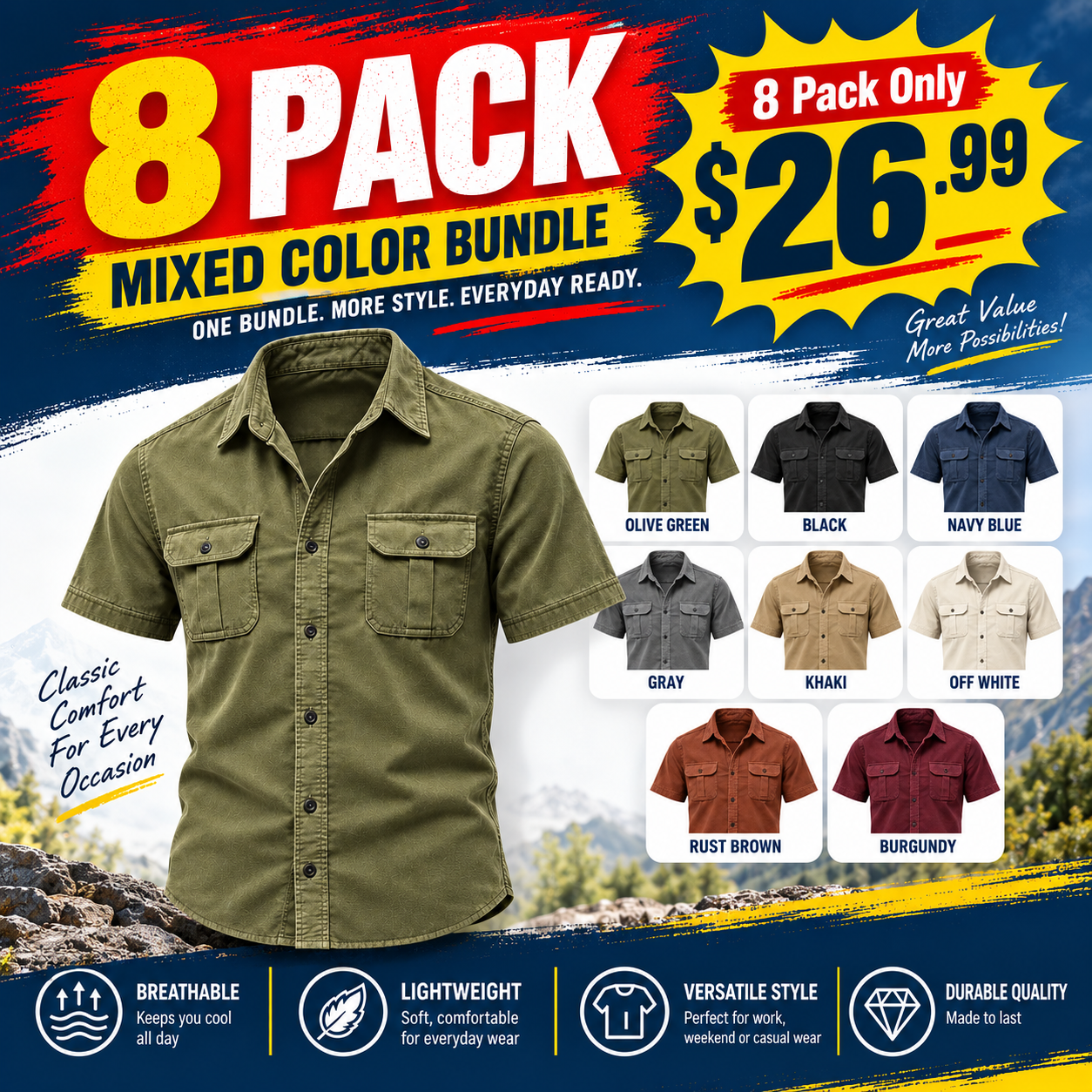 Men's Double-Flap Pocket Button-Up Shirt Multipack