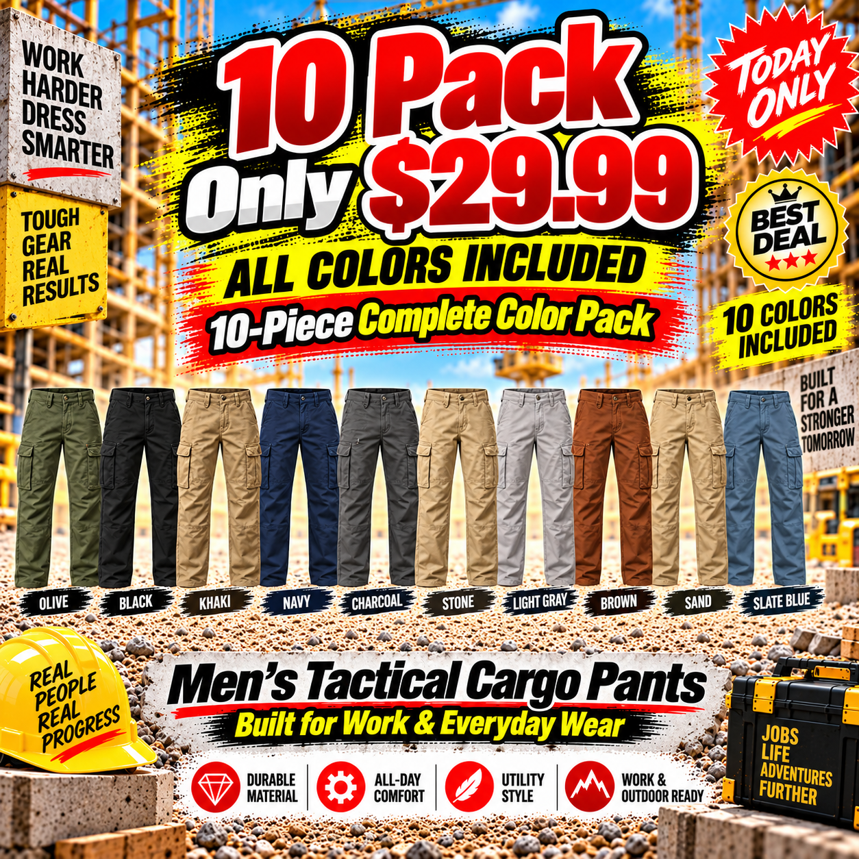 5- or 10-Pack Men's Elastic-Waist Tapered Cargo Pants