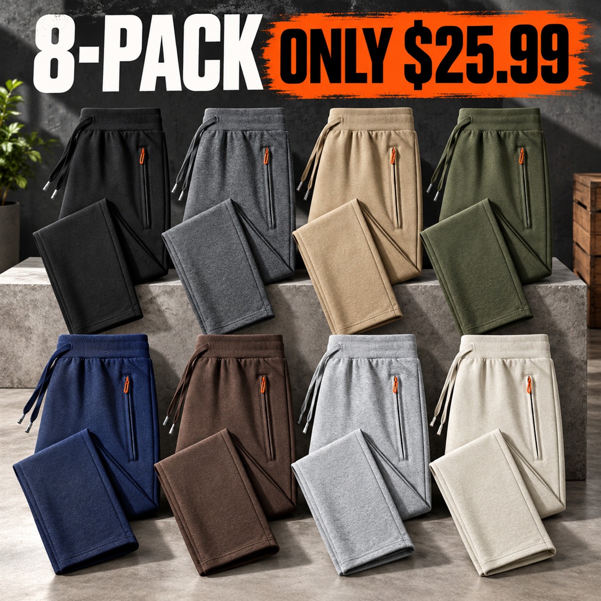 8-Pack - All 8 Colors Men's Cotton Drawstring Zip-Pocket Pants Multipacks