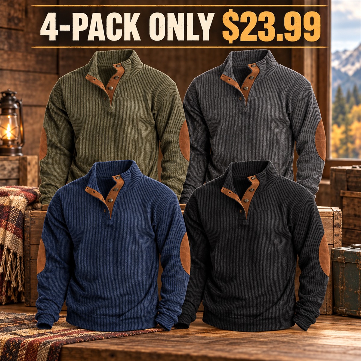 4-Pack - Core Mix Men's Ribbed Mock-Neck Snap Pullover with Elbow Patches Multipacks