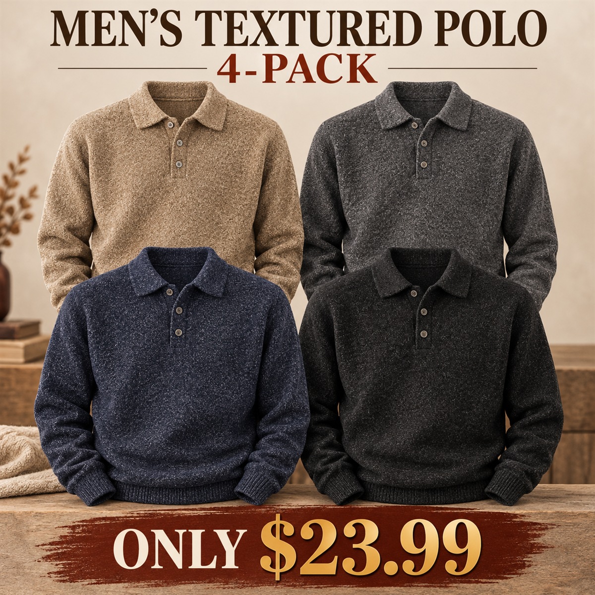 4-Pack - Core Neutrals Men's Textured Long-Sleeve Polo Sweater Multipacks