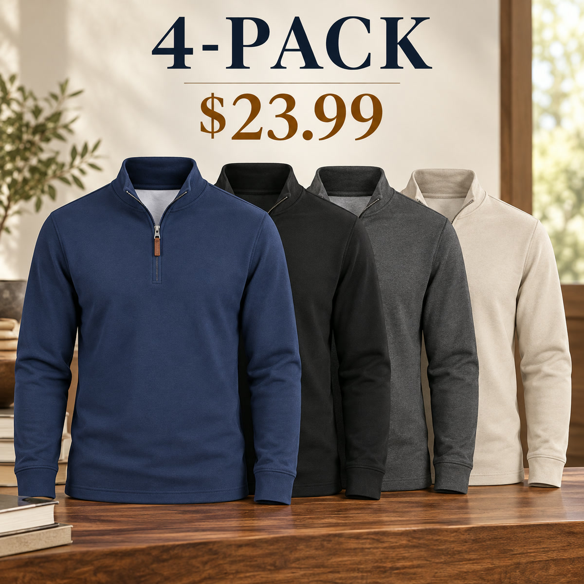 4-Pack - Core Neutrals Men's Essential Quarter-Zip Long-Sleeve Pullover Multipacks