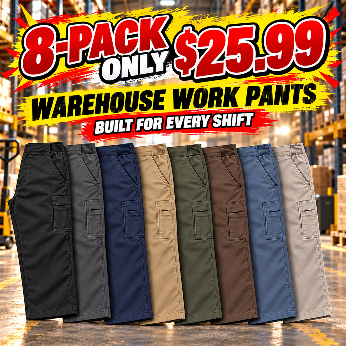 Men's Side-Elastic Pull-On Warehouse Work Pants Multipacks 8-pack $25.99