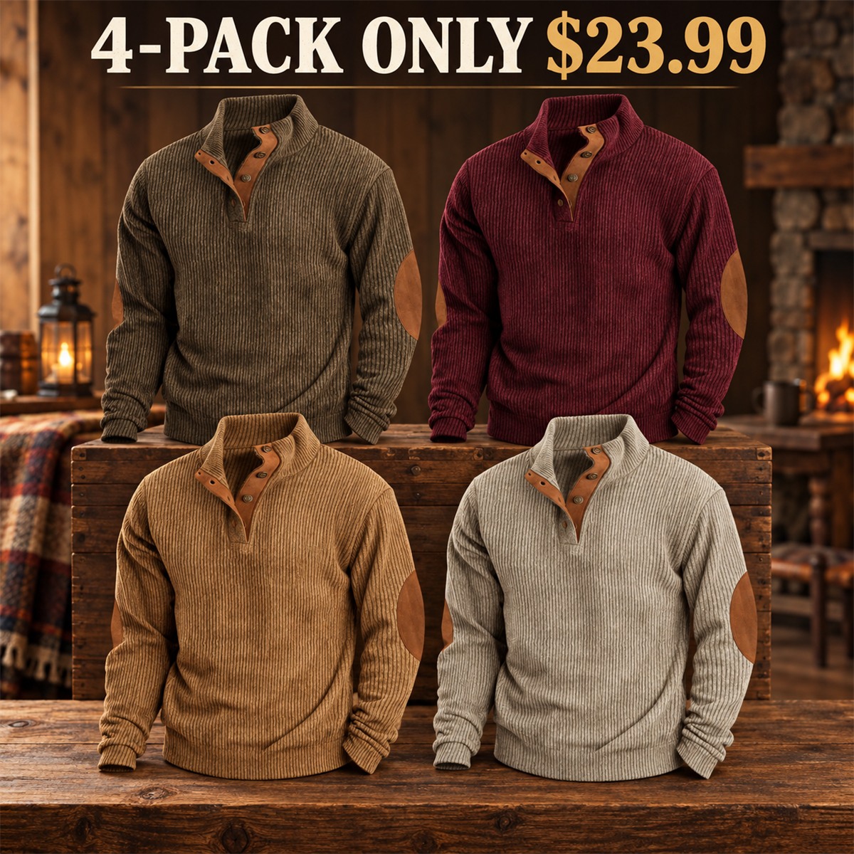4-Pack - Heritage Mix Men's Ribbed Mock-Neck Snap Pullover with Elbow Patches Multipacks