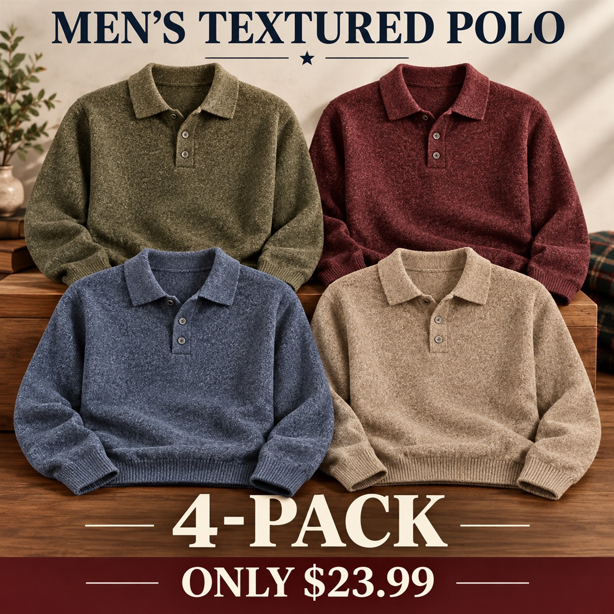 4-Pack - Heritage Tones Men's Textured Long-Sleeve Polo Sweater Multipacks