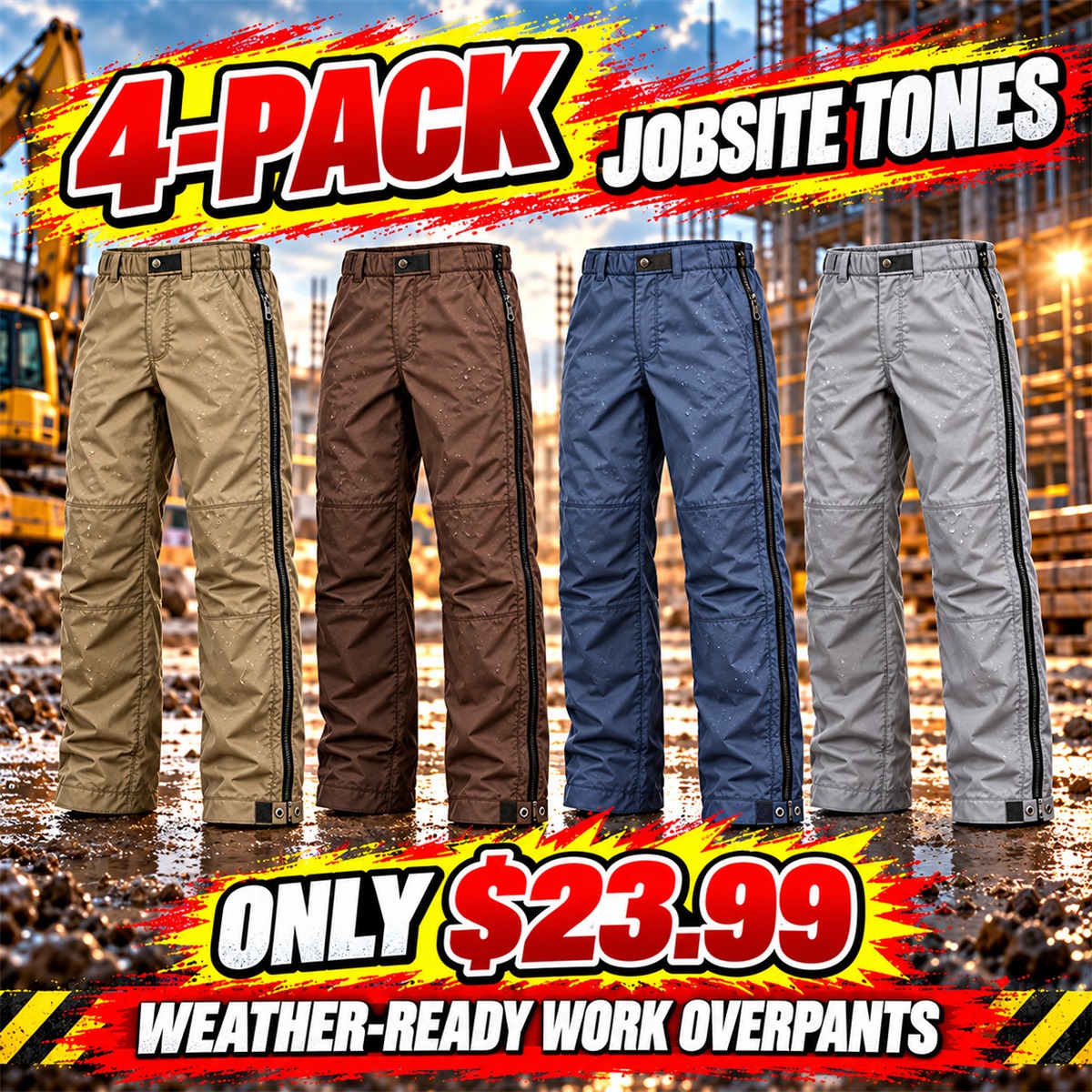Men's Full-Side-Zip Weather Overpants Multipacks - 4-Pack - Jobsite Tones - $23.99