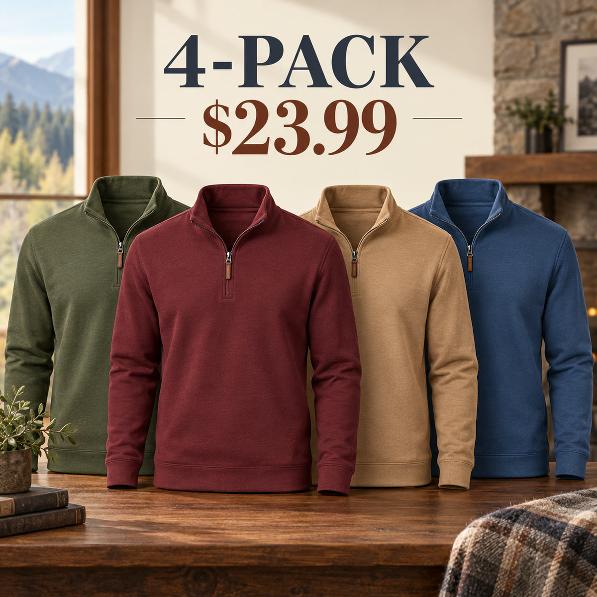 4-Pack - Weekend Tones Men's Essential Quarter-Zip Long-Sleeve Pullover Multipacks