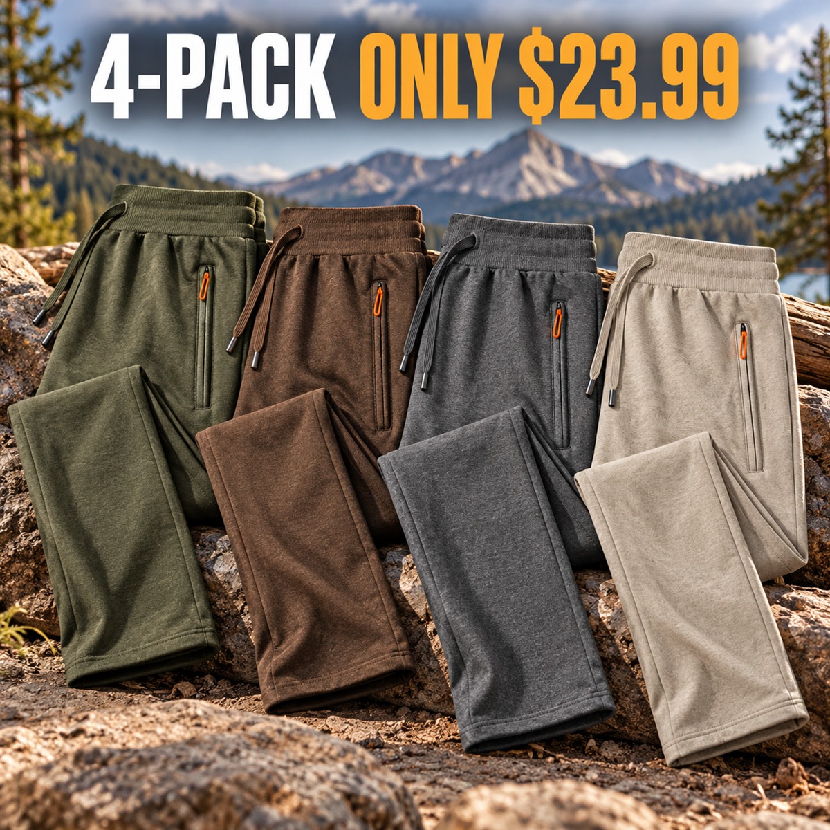 4-Pack - Outdoor Tones Men's Cotton Drawstring Zip-Pocket Pants Multipacks