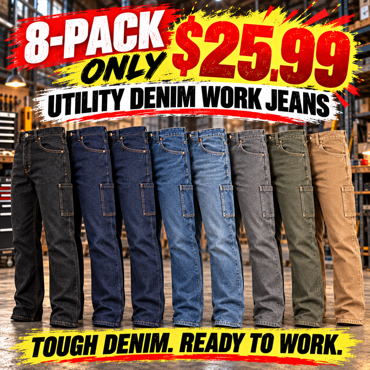 8 Pack Only$25.99-Men's Utility Denim Work Jeans with Gusset & Phone Pocket Multipacks