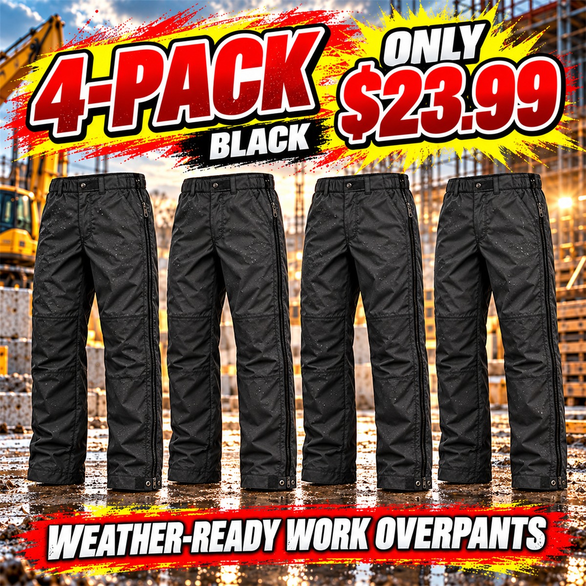 Men's Full-Side-Zip Weather Overpants Multipacks - 4-Pack - Black - $23.99